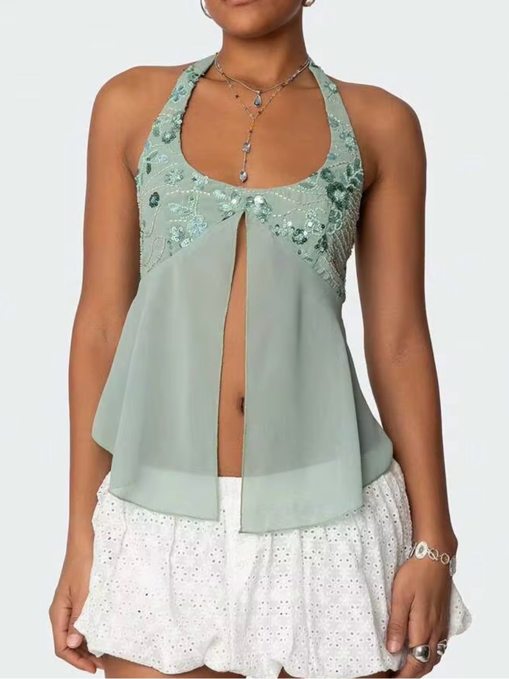 New Sleeveless Mint Embellished Halter Top- size S, M